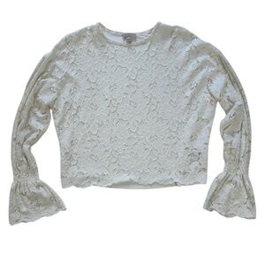 Pointelle Coquette Y2K Cream/White Bell Long Sleeve Floral Lace Blouse Sheer S